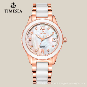 Montre blanche de femmes de quartz d&#39;OEM de mode montre en céramique et en acier 71004